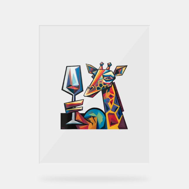 Funny Colourful Giraffe Drinking Red Wine Cubism A Acrylic Sign (Front)