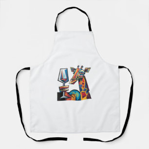 Funny Colourful Giraffe Drinking Red Wine Cubism A Apron