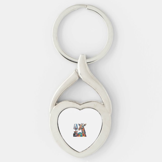 Funny Colourful Giraffe Drinking Red Wine Cubism A Key Ring (Front)