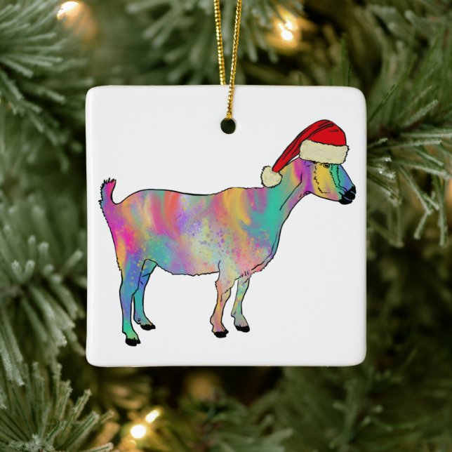 Funny Colourful Goat Christmas Farm Animal Artsy Ceramic Ornament (Tree)