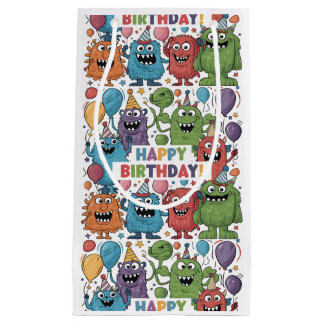 Funny Colourful Monsters with Balloons Birthday Small Gift Bag