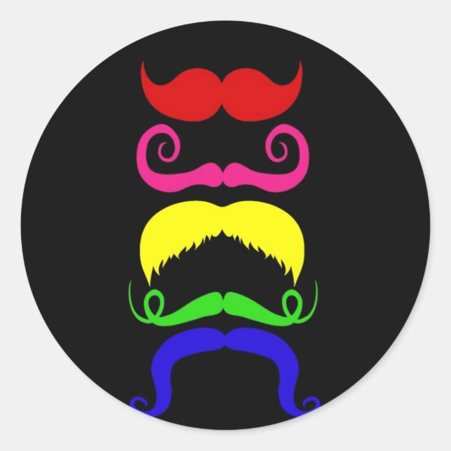 Funny Colourful Moustaches Pink Yellow Blue Green Classic Round Sticker (Front)