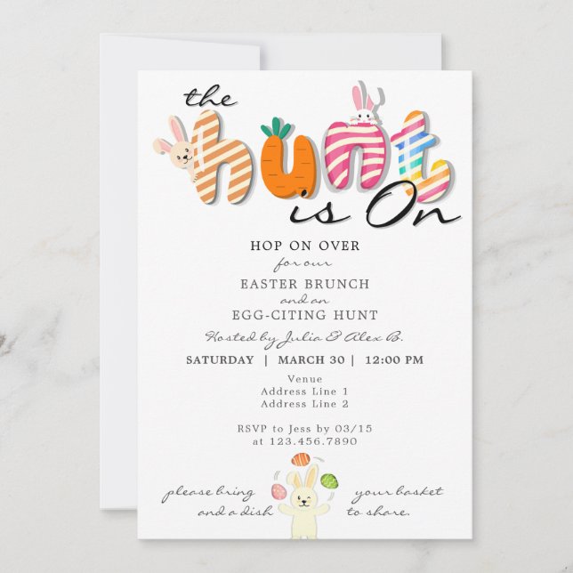 Funny Colourful Pastel Easter Brunch Egg Hunt Bunn Invitation (Front)
