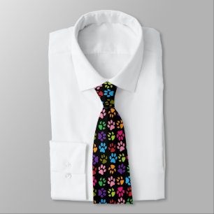 Funny Colourful pet dog or cat paw prints on black Tie