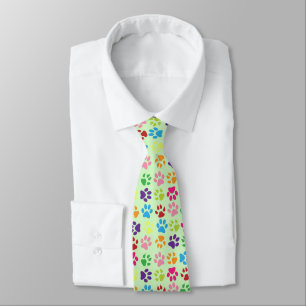 Funny Colourful pet dog or cat paw prints on green Tie