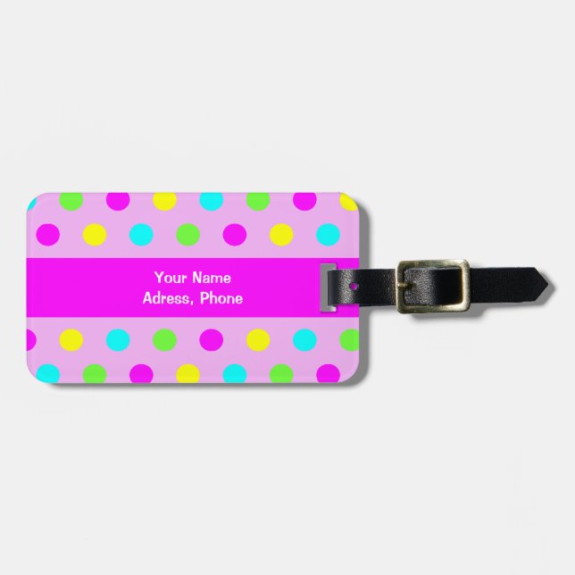 Funny Colourful Polka Dots Girly Luggage Tag (Front Horizontal)