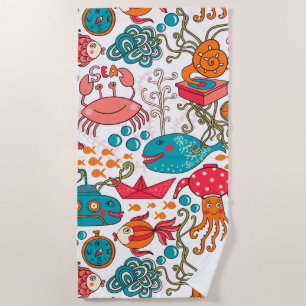 Funny Colourful Sea-Life Illustration Beach Towel