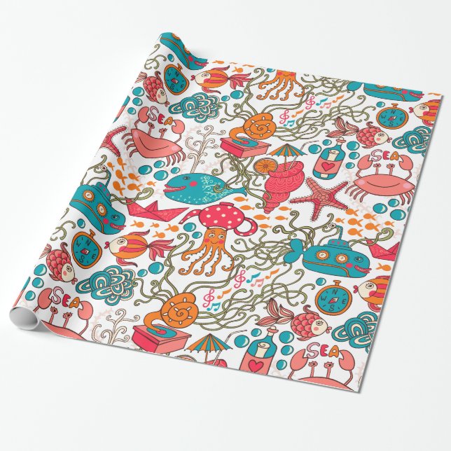 Funny Colourful Sea-Life Illustration Pattern Wrapping Paper (Unrolled)