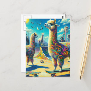 Funny Colourful Skateboarding Alpaca Postcard
