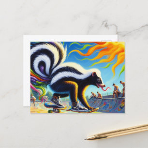 Funny Colourful Skunk Skateboarding Long Tongue Postcard