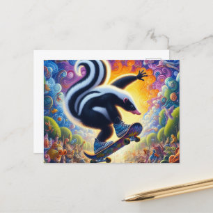 Funny Colourful Skunk Skateboarding Postcard
