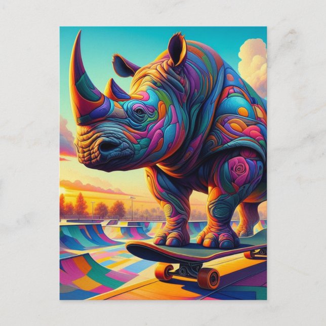 Funny Colourful Surreal Rhino Skateboarding Postcard (Front)