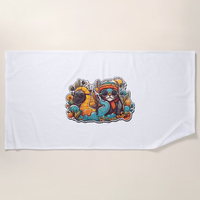Funny Colourful Turtle On A Scooter  Beach Towel (Front)