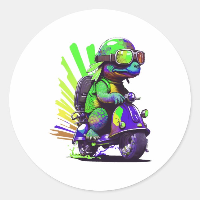 Funny Colourful Turtle On A Scooter Copy Classic Round Sticker (Front)