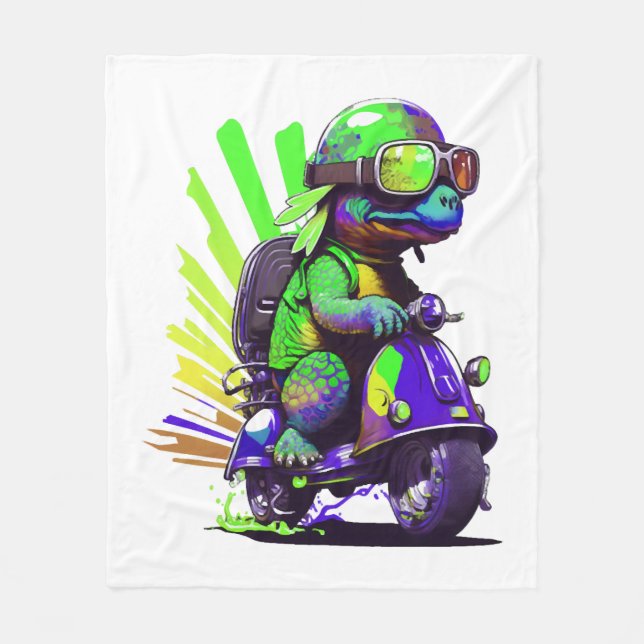 Funny Colourful Turtle On A Scooter Copy Fleece Blanket (Front)
