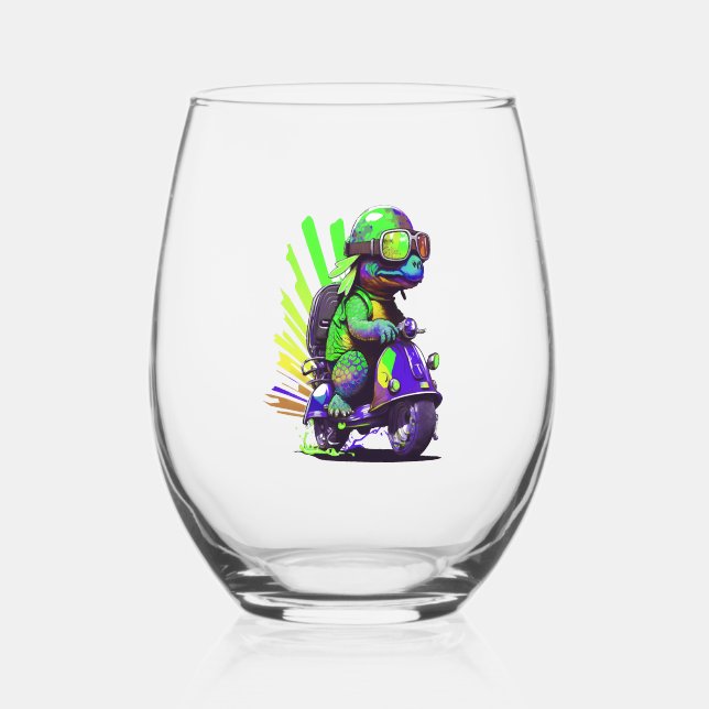 Funny Colourful Turtle On A Scooter Copy Stemless Wine Glass (Front)