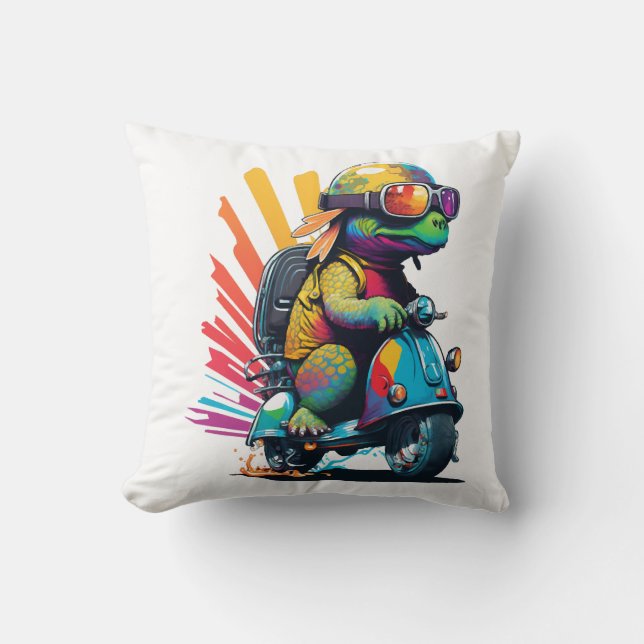 Funny Colourful Turtle On A Scooter Cushion (Front)