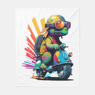 Funny Colourful Turtle On A Scooter Fleece Blanket