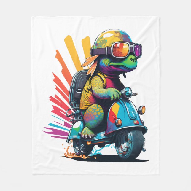 Funny Colourful Turtle On A Scooter Fleece Blanket (Front)