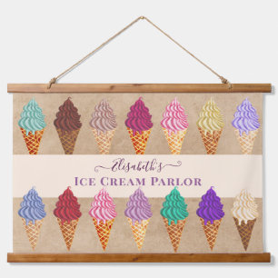 Funny Colourful Watercolor Vintage Ice Cream Parlo Hanging Tapestry