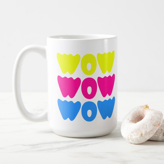 Funny colourful WOW Saying Simple Pink Blue yellow Coffee Mug (With Donut)