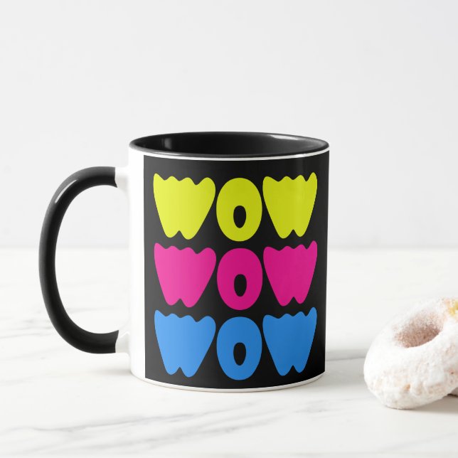 Funny colourful WOW Saying Simple Pink Blue yellow Mug (With Donut)
