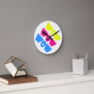 Funny colourful WOW Saying Simple Pink Blue yellow Round Clock