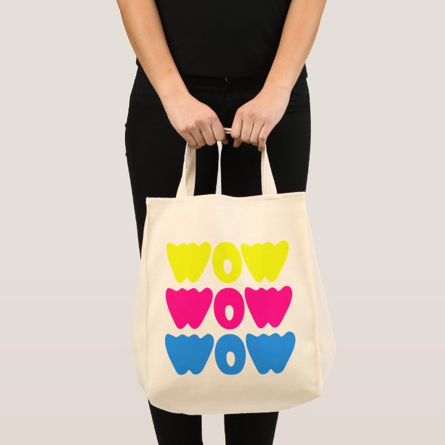 Funny colourful WOW Saying Simple Pink Blue yellow Tote Bag (Front (Product))