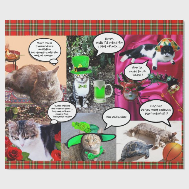 FUNNY COMIC STRIPS /WEIRD TALKING CATS, Red Tartan Wrapping Paper (Flat)