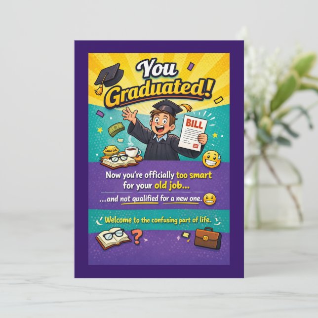Funny Comic‑Style Graduation Design Holiday Card (Standing Front)