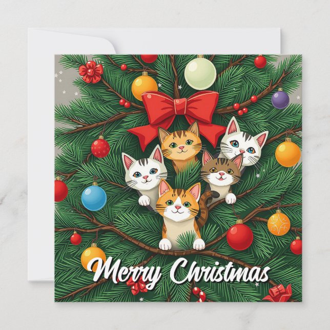 Funny Comic Whimsical Cat Merry Christmas Tree  Holiday Card (Front)
