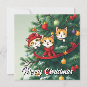 Funny Comic Whimsical Cat Merry Christmas Tree Holiday Card
