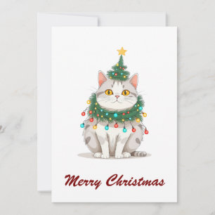 Funny Comic Whimsical Cat Merry Christmas Tree  Holiday Card