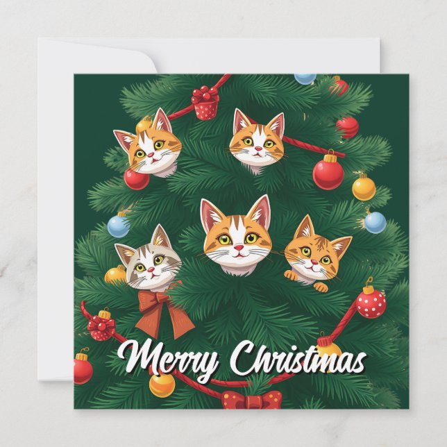 Funny Comic Whimsical Cat Merry Christmas Tree  Holiday Card (Front)