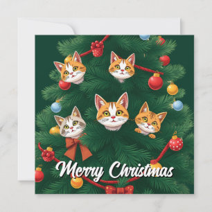 Funny Comic Whimsical Cat Merry Christmas Tree Holiday Card