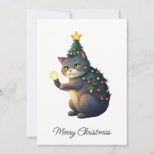 Funny Comic Whimsical Cat Merry Christmas Tree Holiday Card