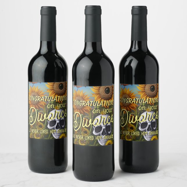 Funny Congratulations on Divorce Skull Sunflower Wine Label (Bottles)