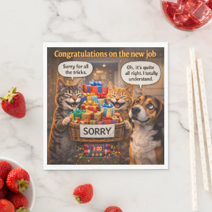 Funny congratulations on the new job cat and dog n napkin