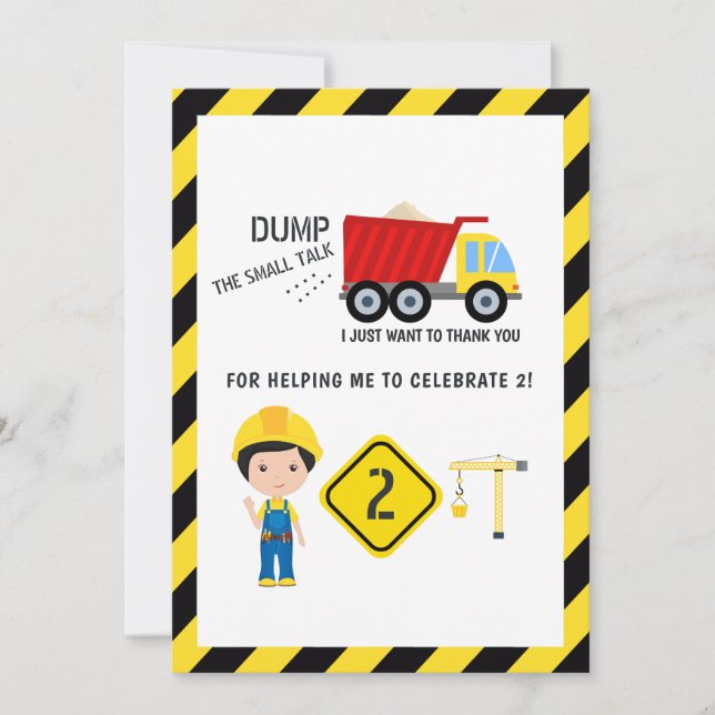 Funny Construction 2nd Birthday Thank You Card (Front)