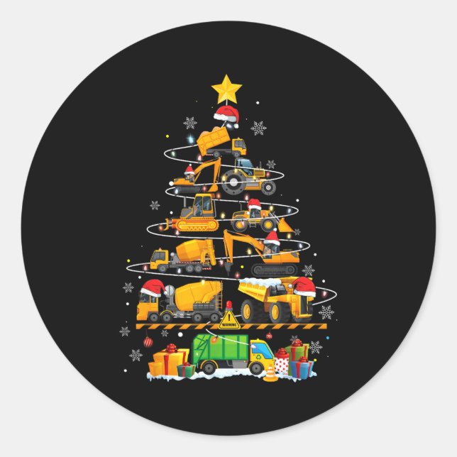 Funny Construction Excavator Truck Christmas Tree  Classic Round Sticker (Front)