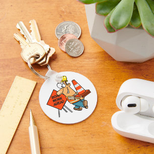 Funny Construction Worker Road Work Ahead Sign Key Ring