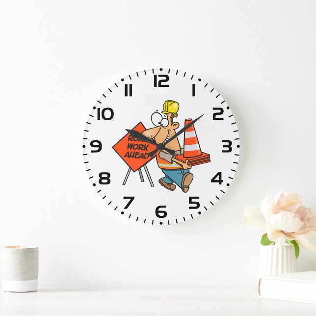 Funny Construction Worker Road Work Ahead Sign Large Clock (Creator Uploaded)