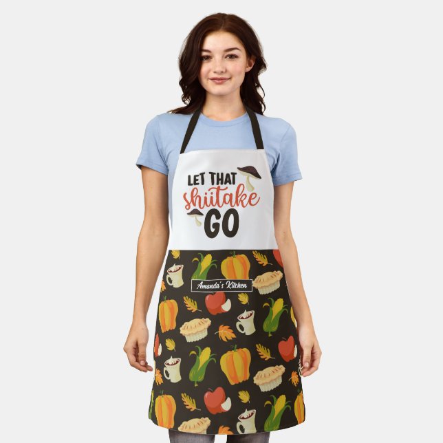 Funny Cook Shiitake Pun Thanksgiving Food Pattern Apron (Worn)