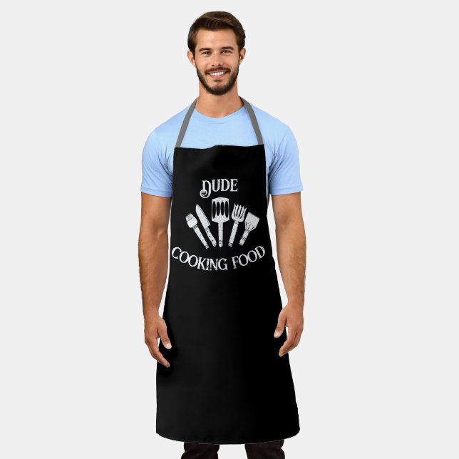 Funny Cooking Apron for Men – 'Dude Cooking Food'  (Worn)