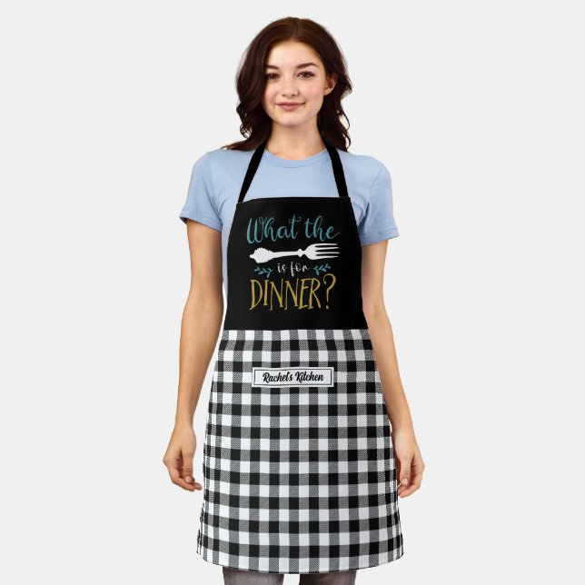 Funny Cooking Fork Pun Black White Plaid Apron (Worn)
