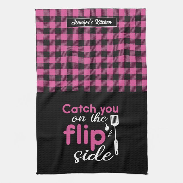 Funny Cooking Pun Catch You on The Flip Side Plaid Tea Towel (Vertical)