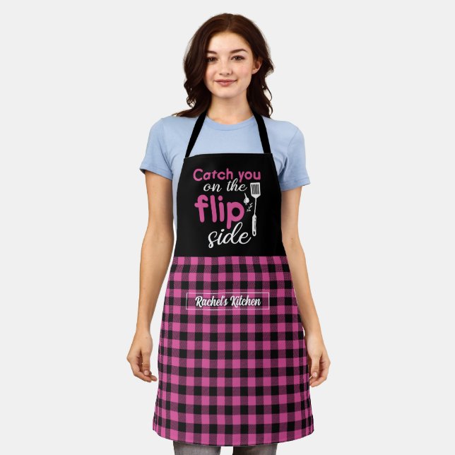 Funny Cooking Pun Flip Side Black Pink Plaid Apron (Worn)