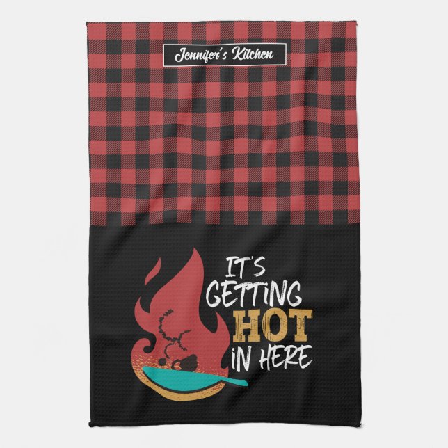 Funny Cooking Pun It's Getting Hot Red Black Plaid Tea Towel (Vertical)