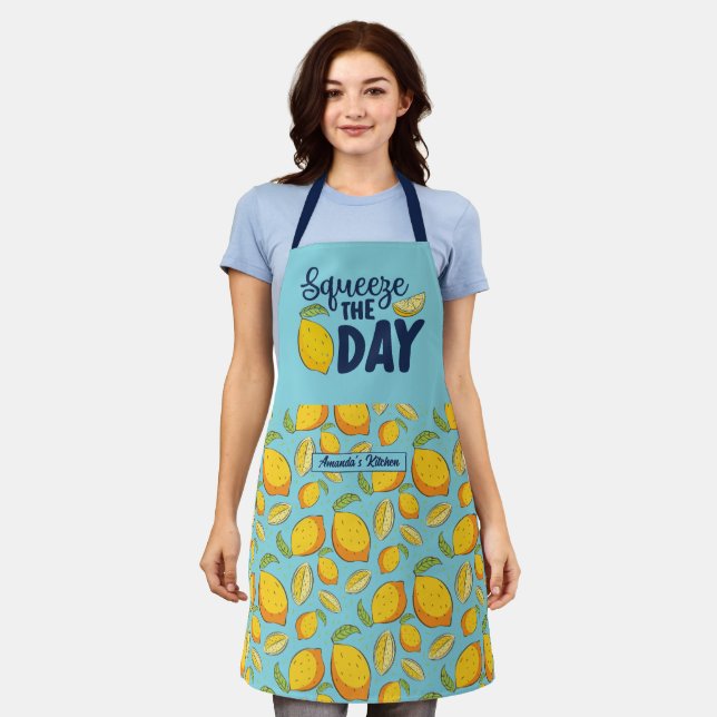 Funny Cooking Pun Squeeze The Day Lemon Pattern Apron (Worn)