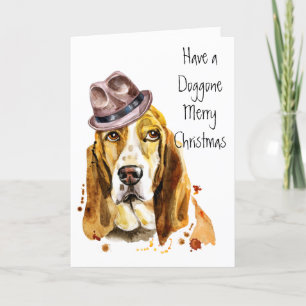 Funny Cool Basset Hound with Fedora Hat Holiday Card